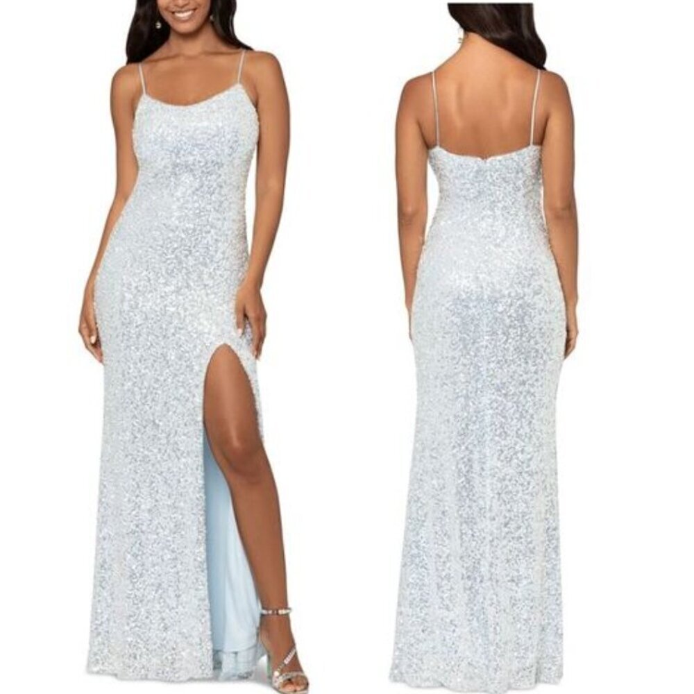 New! BETSY & ADAM Women's Sequinned Long Sheath Dress In Light Blue 26556